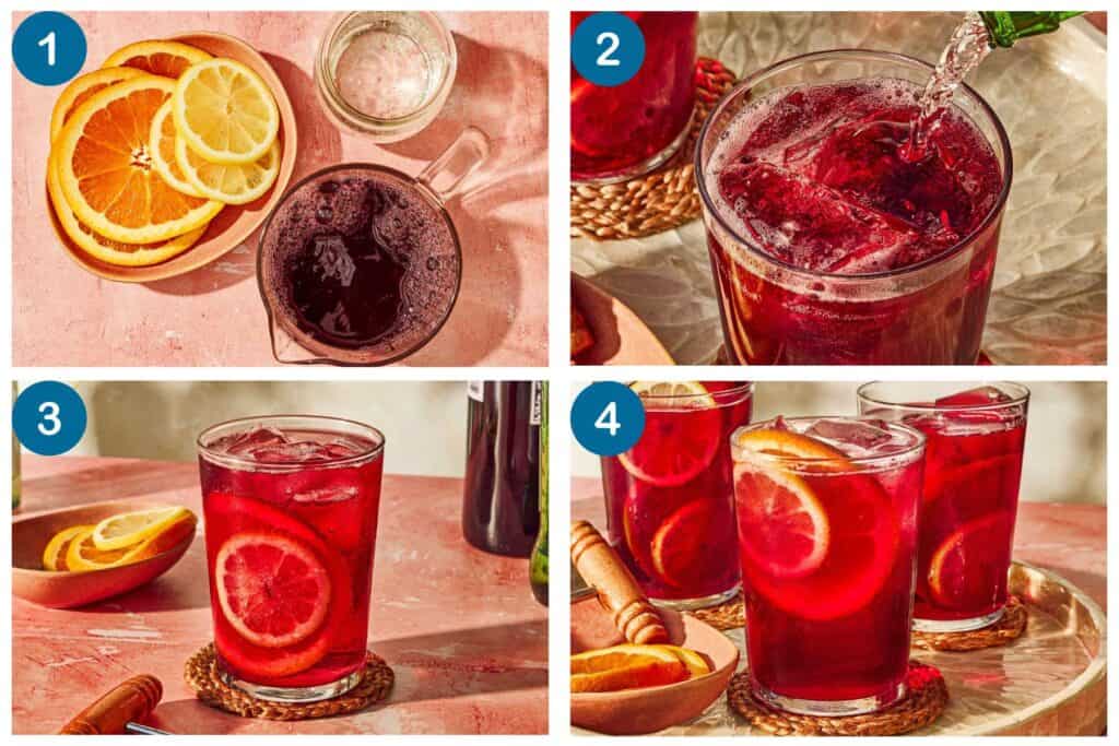 How to make tinto de verano. Step 1: gather your ingredients, Step 2: add the ingredients to a glass, Step 3: add lemon and orange wheels to the glass, Step 4: serve the tinto de verano.