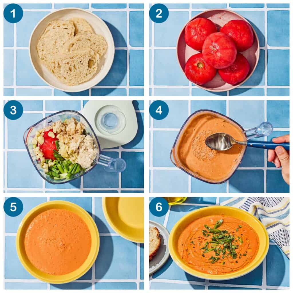 How to make gazpacho. Step 1: place the bread slices in a bowl with water, Step 2: cook and peel the tomatoes, Step 3: place all of the ingredients in a blender, Step 4: blend the gazpacho and add water if too thick, Step 5: place the gazpacho in a bowl, Step 6: garnish the gazpacho with chopped mint, cilantro, green onions and a drizzle of olive oil.