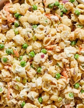 Tuna pasta salad in a serving bowl.