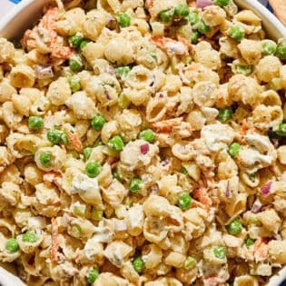 Tuna pasta salad in a serving bowl.