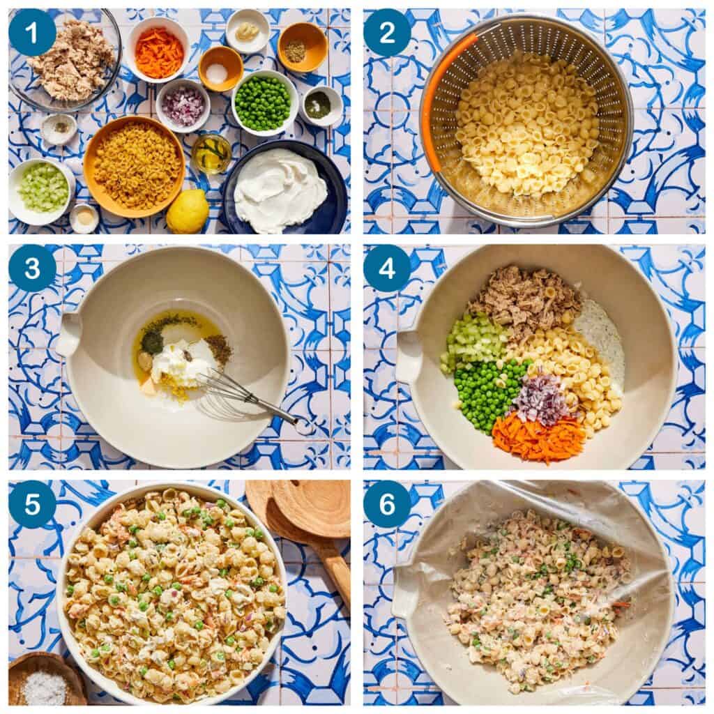 How to make tuna pasta salad. Step 1: gather your ingredients, Step 2: cook and drain the pasta, Step 3: make the dressing, Step 4: add all of the ingredients to a large bow, Step 5: mix the salad, Step 6: cover the pasta and chill before serving.
