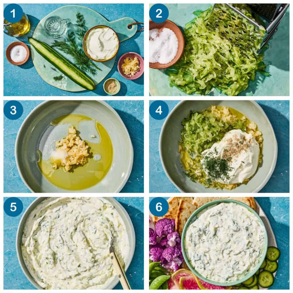 How to make tzatziki. Step 1: gather your ingredients, Step 2: grate the cucumber and salt, Step 3: add the garlic, salt, white vinegar and olive oil in a bowl, Step 4: add the rest of the ingredients in a bowl, Step 5: mix the ingredients together, Step 6: serve the tzatziki with vegetables and pita wedges.