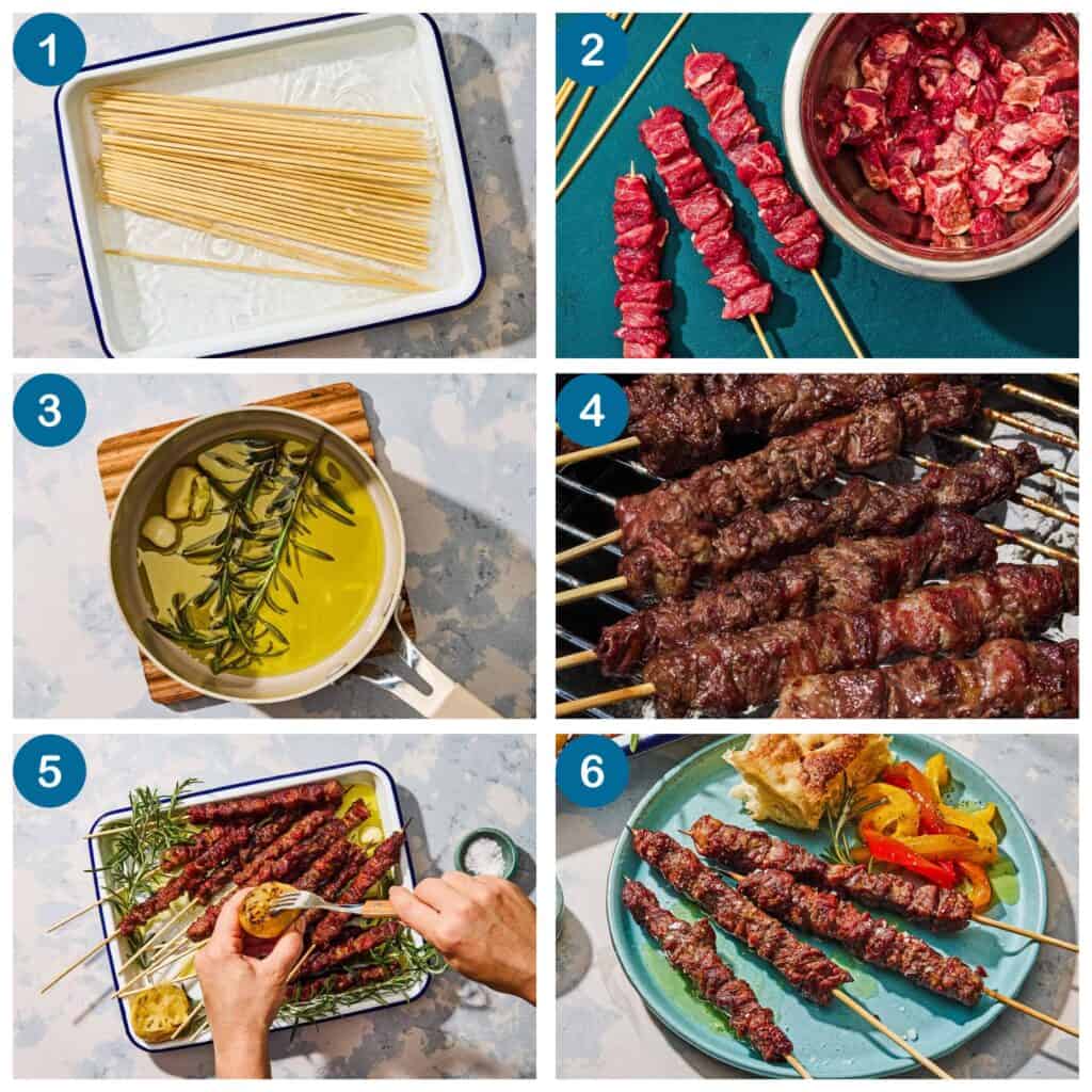 How to make arrosticini. Step 1: soak the wooden skewers, Step 2: place cubed lamb on skewers, Step 3: make the rosemary oil, Step 4: grill the arrosticini, Step 5: juice the grilled lemon over the cooked skewers, Step 6: plate the arrosticini with desired sides and serve.