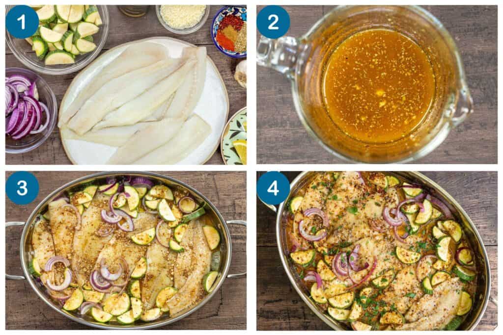 How to make the baked flounder recipe. Step 1: gather your ingredients, Step 2: make the sauce, Step 3: pour the sauce over the fish and vegetables to coat well, Step 4: bake and serve.