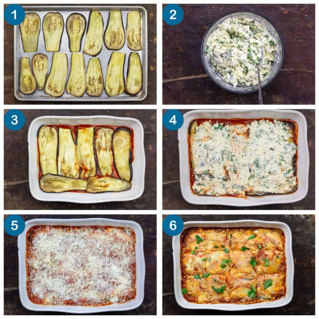 How to make eggplant lasagna. Step 1: place the eggplant slices on a sheet pan, Step 2: prepare the ricotta filling, Step 3: layer the eggplant slices and marinara sauce in a baking dish, Step 4: add the ricotta filling to the layers, Step 5: top the eggplant parmesan with mozzarella and parmesan cheese, Step 6: bake and serve.