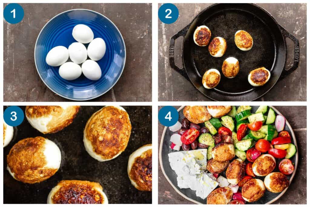 How to make Egyptian fried boiled eggs.Step 1: boil the eggs, Step 2: fry the eggs in a skillet, Step 3: fry the eggs until they are crispy golden brown on all sides, Step 4: plate the eggs with desired sides and serve.