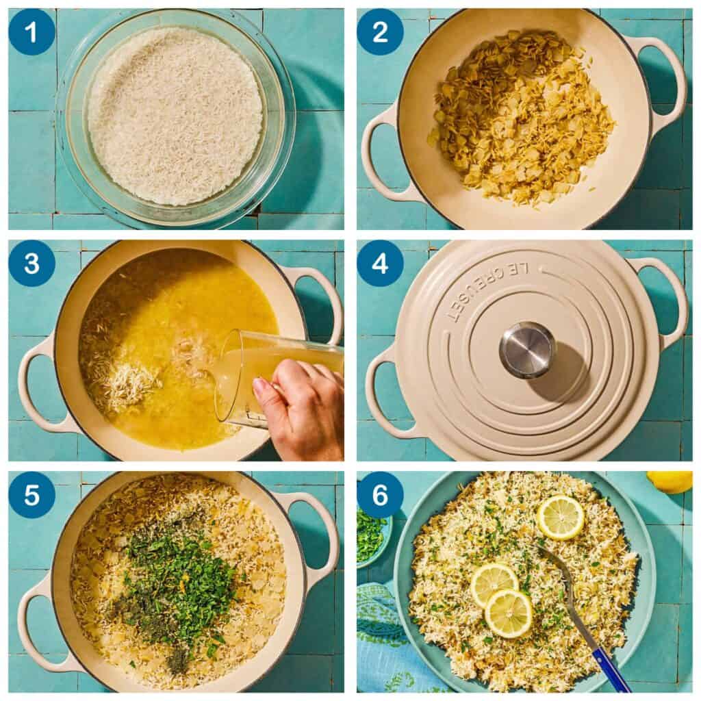 How to make Greek lemon rice. Step 1: soak the rice, Step 2: cook the onions and toast the orzo, Step 3: add the chicken broth, Step 4: cover the pot and cook, Step 5: uncover and add the parsley, dill and lemon zest, Step 6: place in a bowl and serve.