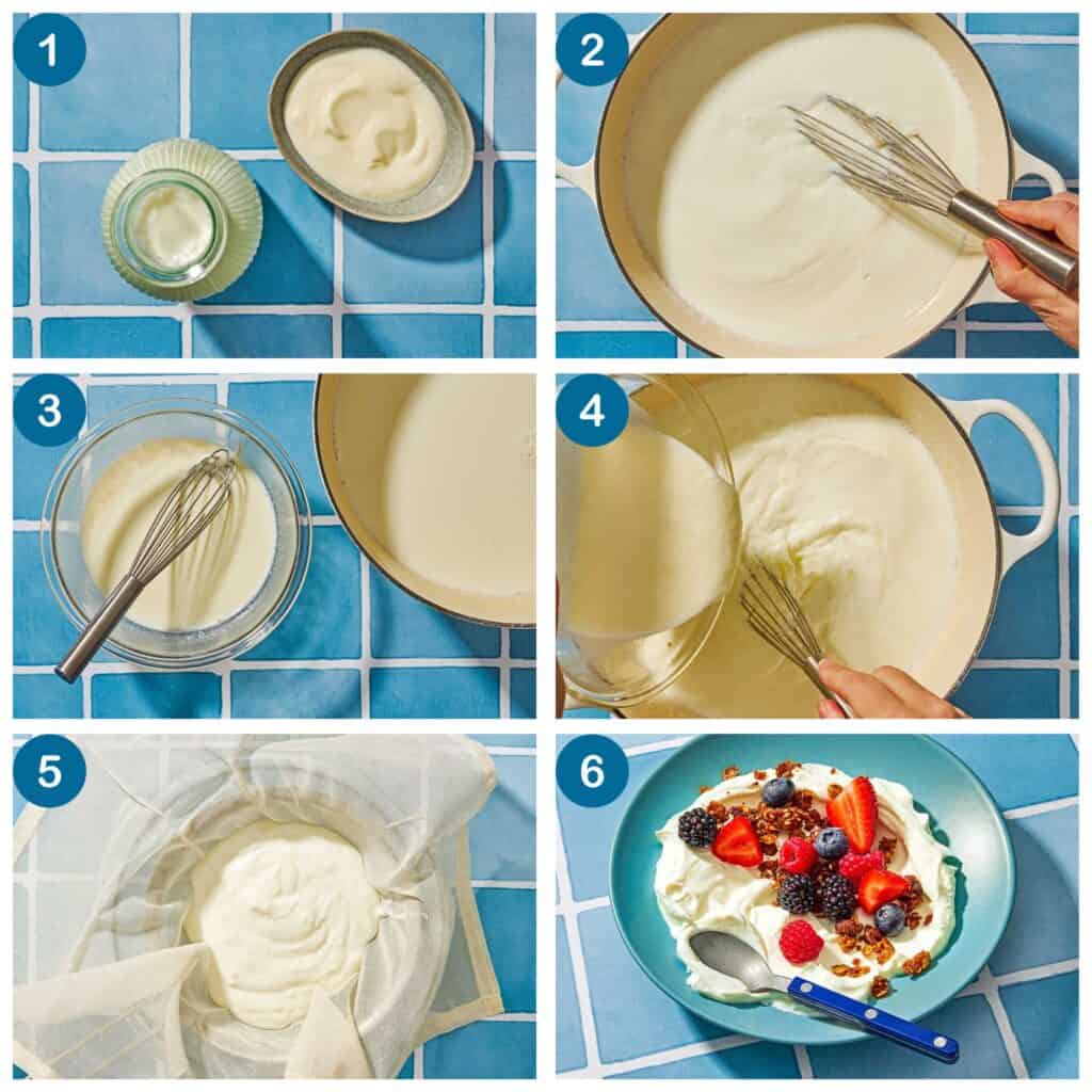 How to make greek yogurt. Step 1: gather your ingredients, Step 2: heat the milk in a pot, Step 3: cool the milk, Step 4: incorporate the starter yogurt into the milk and incubate and chill the yogurt, Step 5: strain the yogurt, Step 6: top the yogurt if you desire and serve.