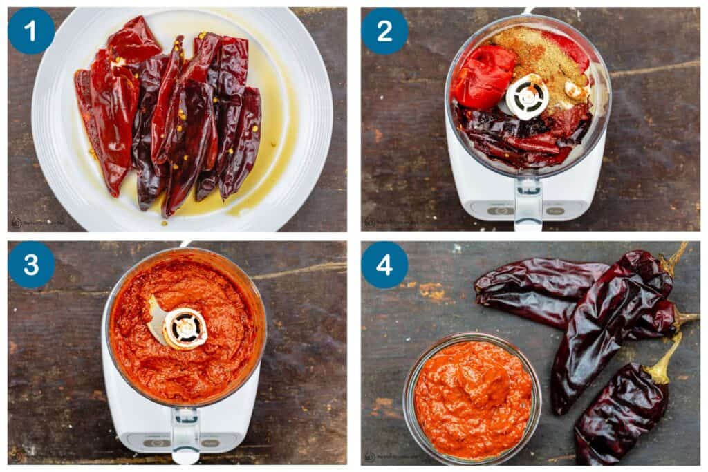 How to make harissa paste. Step 1: soak the dried chilis, Step 2: combine the ingredients in a food processor, Step 3: blend the ingredients, Step 4: place the harissa paste in a jar and serve.