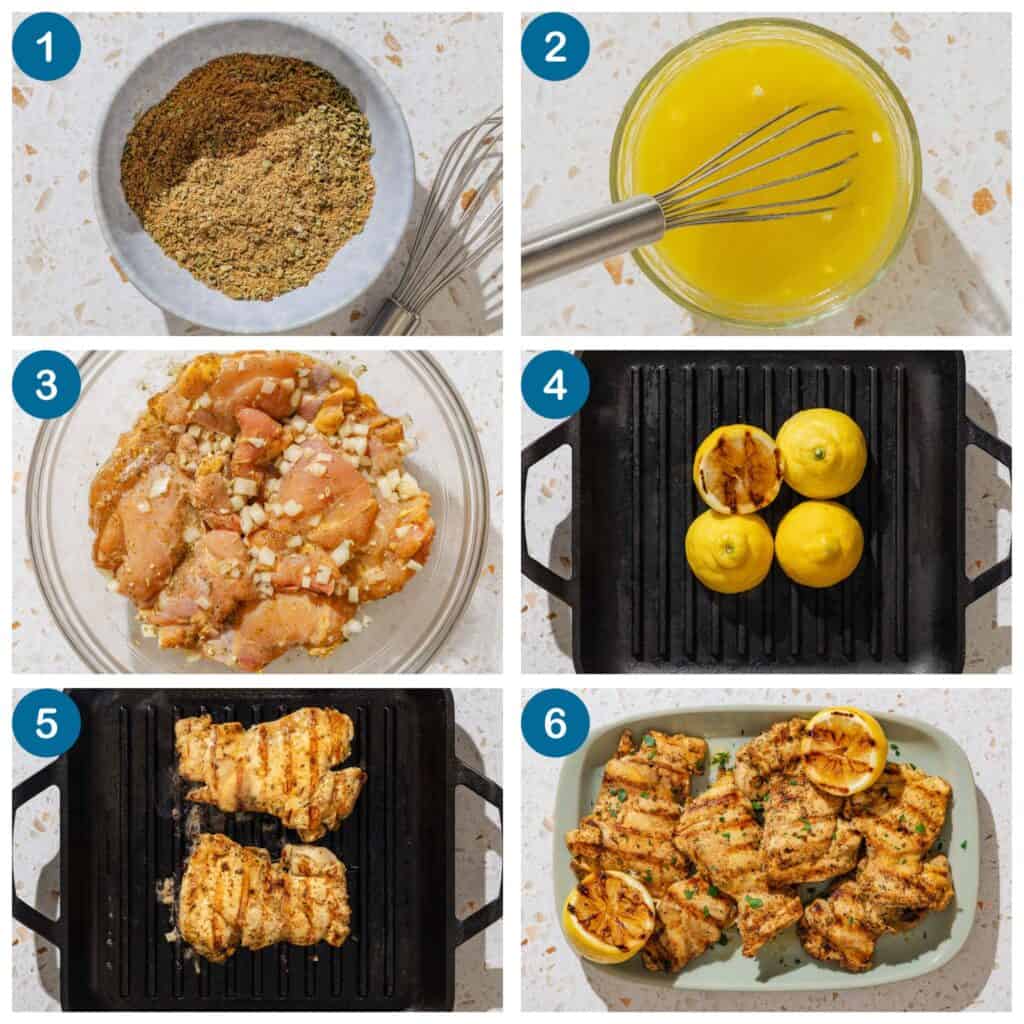 How to make lemon chicken. Step 1: make the spice mixture, Step 2: make the marinade, Step 3: marinade the chicken, Step 4: grill the lemon halves, Step 5: grill the chicken, Step 6: finish and serve.