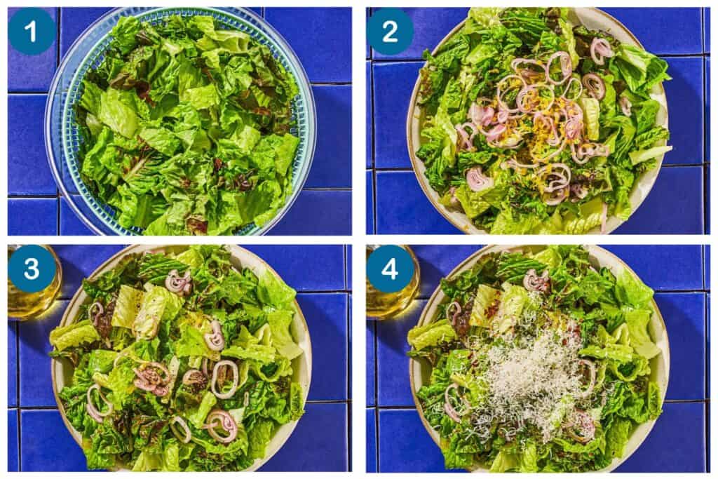 How to make lemon parmesan lettuce salad. Step 1: chop lettuce and rinse and drain, Step 2: add the lettuce, shallots and lemon zest to a bowl, Step 3: season with salt, pepper, lemon juice and olive oil, Step 4: add the parmesan cheese, toss and serve.