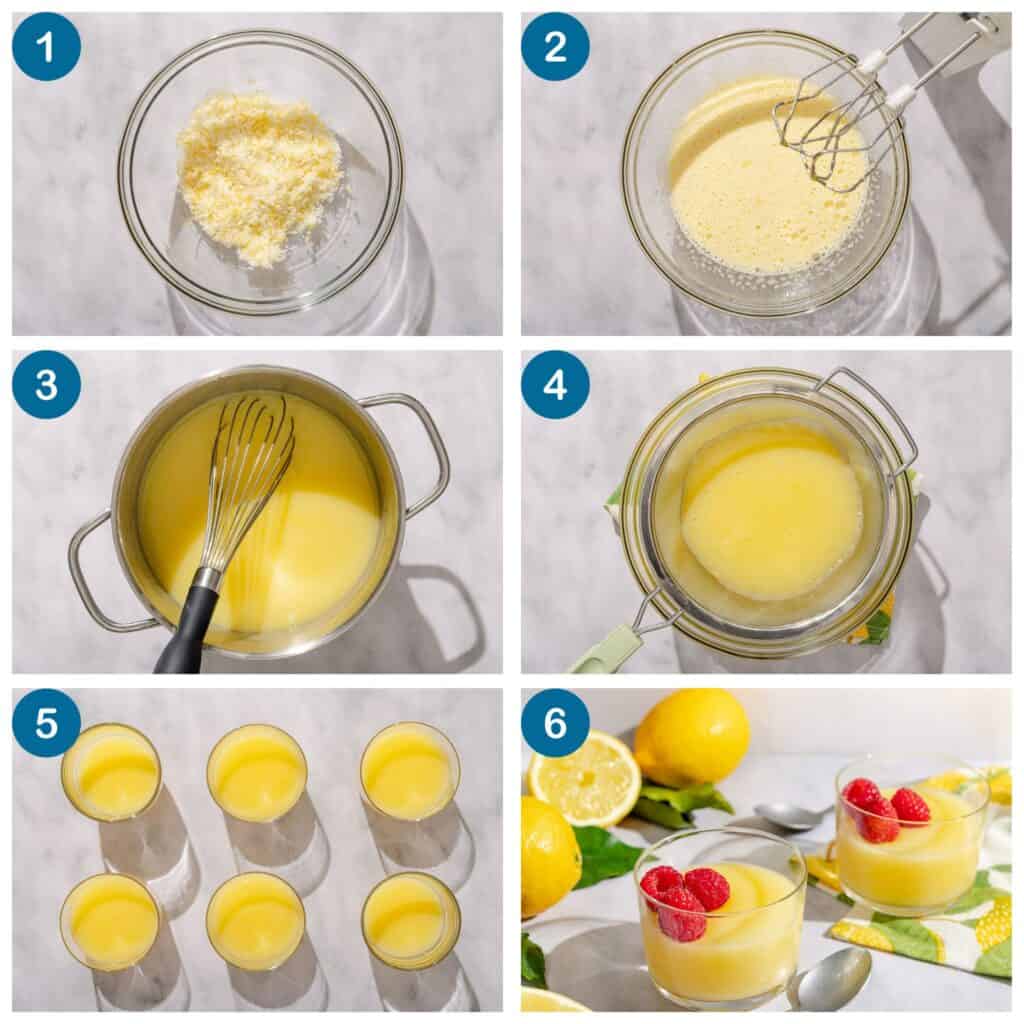 How to make lemon pudding. Step 1: mix the dry ingredients, Step 2: beat in the eggs, Step 3: make the pudding in a saucepan, Step 4: strain the pudding, Step 5: pour the pudding into individual bowls, Step 6: garnish and serve.