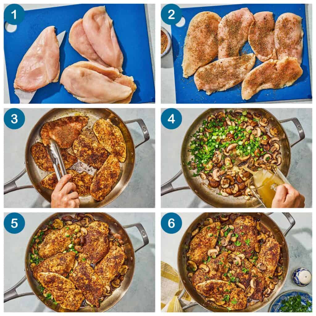 How to make the chicken and mushroom recipe. Step 1: cut the chicken into thinner cutlets, Step 2: season the chicken, Step 3: sear the chicken, Step 4: make the mushroom sauce, Step 5: combine the chicken and mushroom sauce, Step 6: finish cooking and serve.