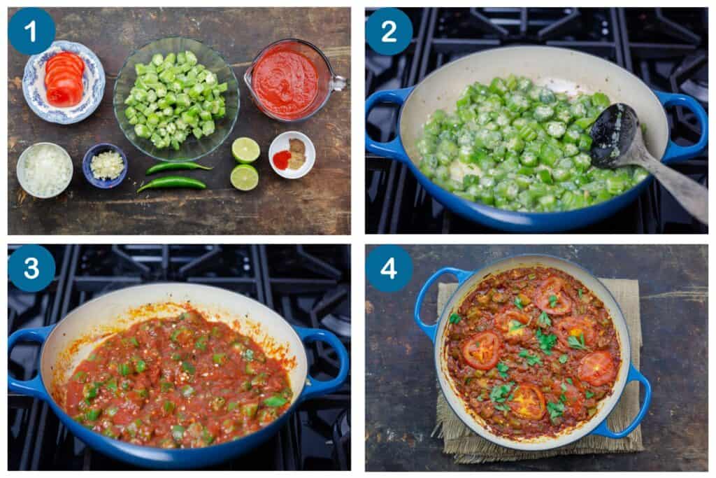How to make the okra recipe. Step 1: gather your ingredients, Step 2: cook the onions, garlic and peppers, Step 3: add the okra to the skillet, season and cook, Step 4: finish and serve.