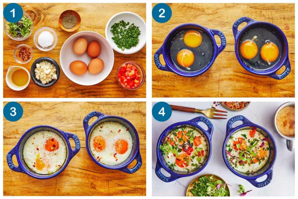 How to make the baked eggs recipe. Step 1: gather you ingredients, Step 2: add the eggs to the ramekins, Step 3: bake the eggs, Step 4: garnish and serve.