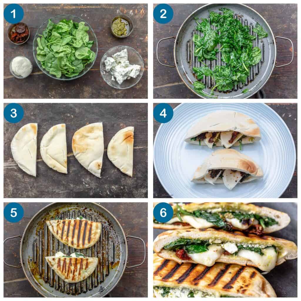 How to make a grilled pita sandwich: Step 1: gather your ingredients, Step 2: sauté the spinach, Step 3: prepare the pita bread, Step 3: stuff the pita with the filling, Step 4: grill the pita sandwiches, Step 4: serve.