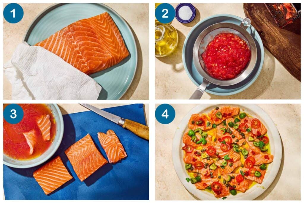 How to make salmon crudo. Step 1: pat the salmon fillet dry, Step 2: strain the tomato for the dressing in a colander, Step 3: slice the salmon and add to the dressing, Step 4: plate, garnish and serve.