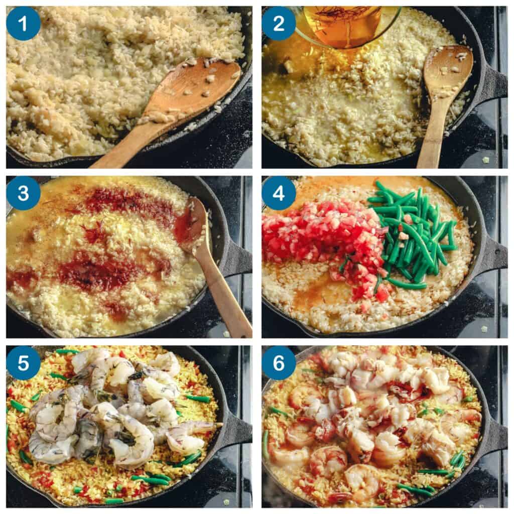 How to make the seafood paella recipe. Step 1: soak the paella rice, Step 2: add garlic, lobster cooking water, and saffron, Step 3: add the rest of the spices, Step 4: add the vegetables, bring to a boil and cover, Step 5: add the shrimp, Step 6: add the lobster, finish and serve.