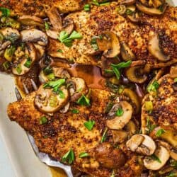 The chicken and mushroom recipe on a platter with a serving fork.