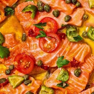 A close up of salmon crudo.