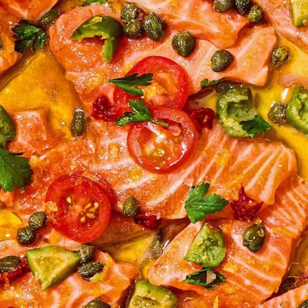 A close up of salmon crudo.