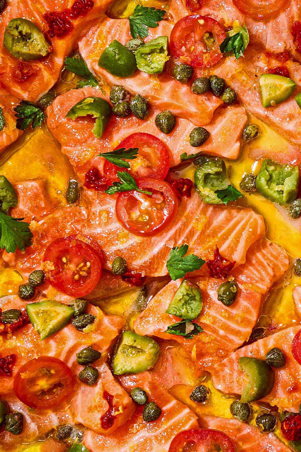 A close up of salmon crudo.