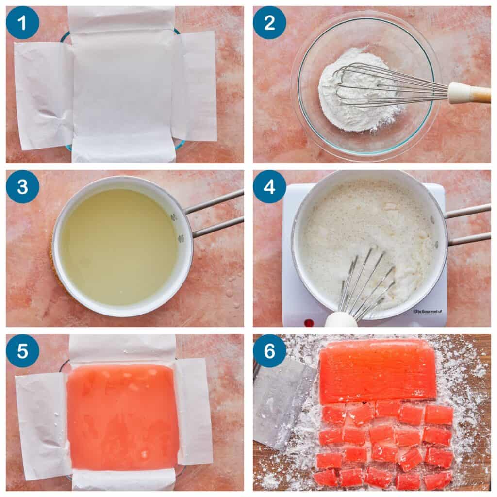 How to make turkish delight. Step 1: line the baking dish with parchment paper, Step 2: make the dusting mixture, Step 3: make the sugar syrup, Step 4: add the cornstarch mixture to the sugar syrup, Step 5: flavor and set the candy, Step 6: cut the Turkish delight into cubes.