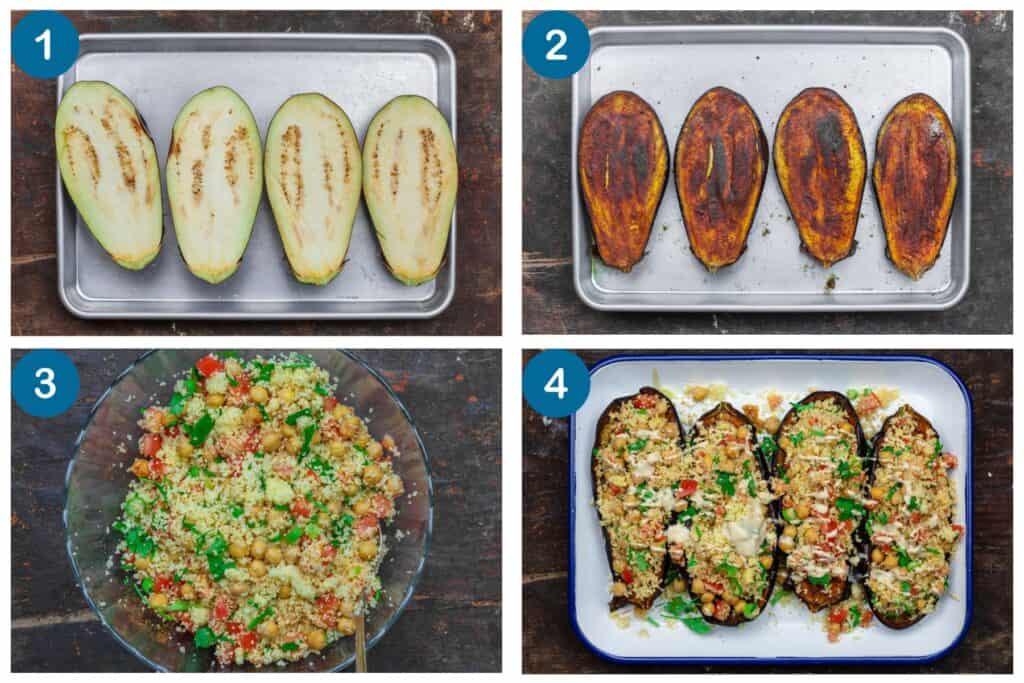 How to make vegetarian stuffed eggplant. Step 1: slice and salt the eggplant, Step 2: roast the eggplant, Step 3: make the filling, Step 4: assemble and serve.
