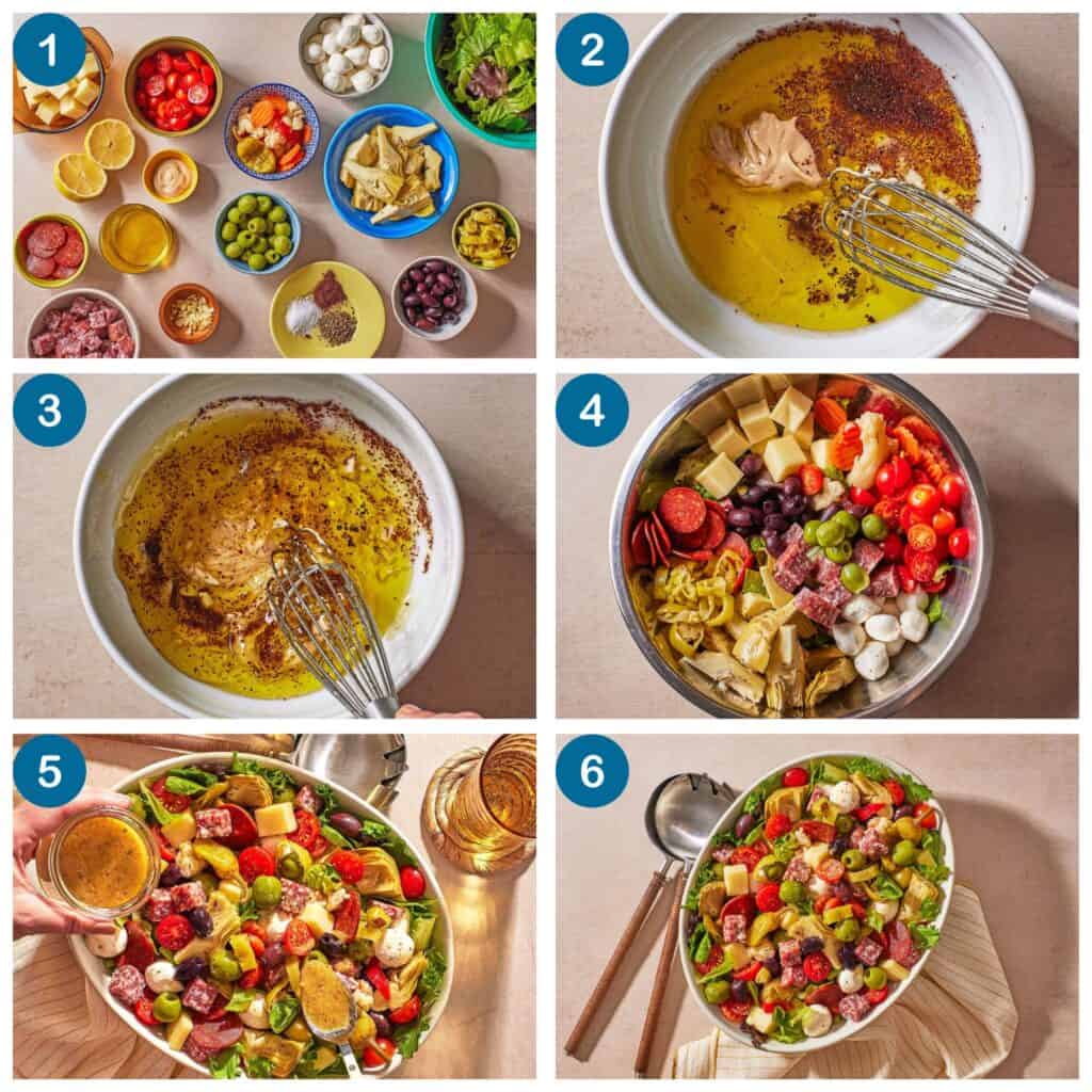 How to make antipasto salad. Step 1: gather your ingredients, Step 2: add the vinaigrette ingredients to a bowl, Step 3: whisk the vinaigrette, Step 4: prepare the fixings and add them to a bowl, Step 5: dress the salad, Step 6: finish and serve.