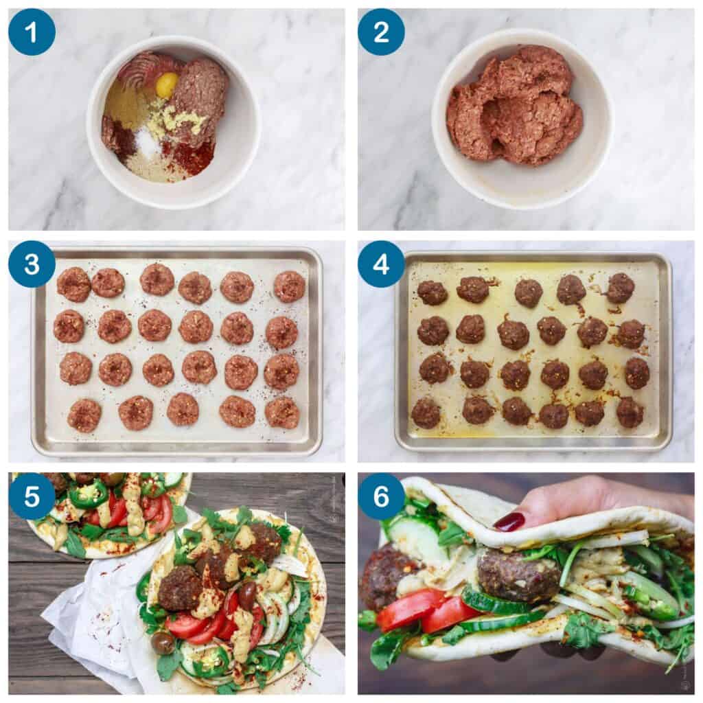 Six-step process for making kofta pita sandwiches, from mixing and shaping the meat to baking the patties and assembling the pitas.