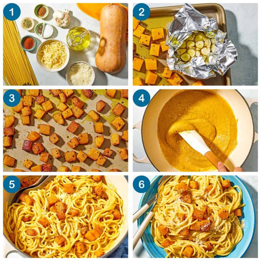 How to make butternut squash pasta. Step 1: gather your ingredients, Step 2: place the cubed squash and garlic on a sheet pan, Step 3: roast the squash and garlic Step 4: make the butternut squash sauce, Step 5: add the pasta to the sauce, Step 6: finish and serve.