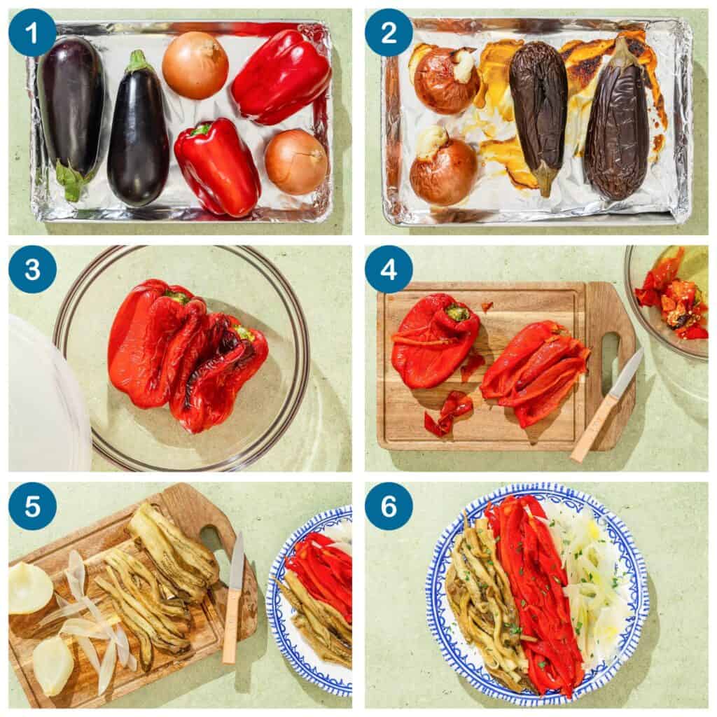 How to make escalivada. Step 1: place the vegetables on a sheet pan, Step 2: roast the vegetables, Step 3: removed the peppers early and cool in a bowl. Step 4: slice the roasted peppers, 5: slice the roasted onions and eggplants, Step 6: plate and serve.