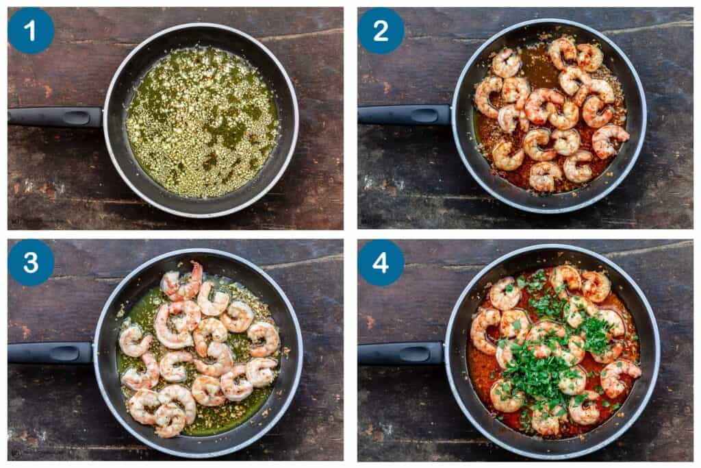 How to make Gambas al Ajillo. Step 1: warm the olive oil, garlic and red pepper flakes, Step 2: cooke the shrimp, Step 3: add the sherry and lemon juice, Step 4: add the parsley and serve.