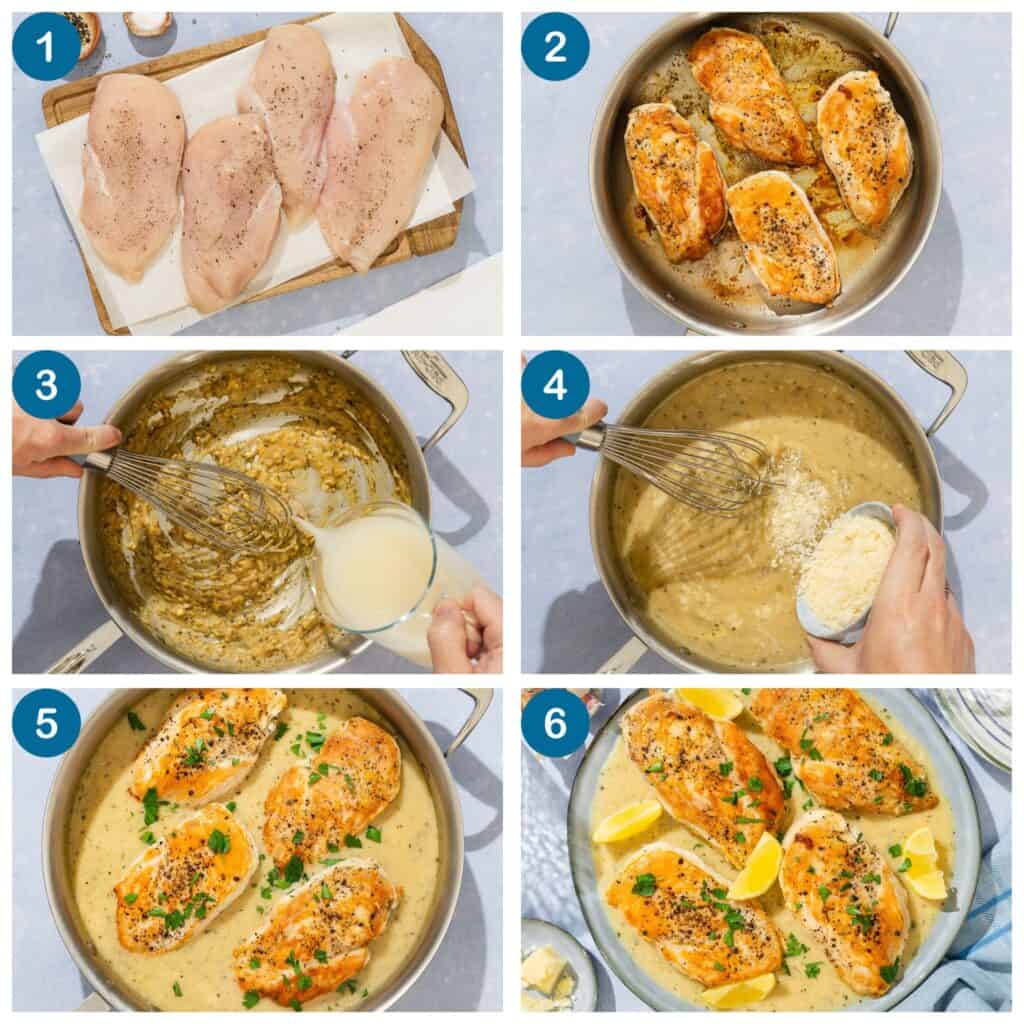 How to make garlic parmesan chicken. Step 1: season the chicken, Step 2: brown the chicken, Step 3: start making the sauce and add the chicken stock, Step 4: add the grated cheese to the sauce, Step 5: nestle the chicken back into the sauce, Step 6: finish cooking and serve with lemon wedges.