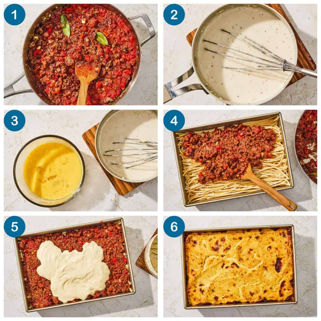 How to make the pastitsio recipe. Step 1: make the meat sauce, Step 2: make the bechamel, Step 3: add the eggs to the bechamel sauce, Step 4: place the pasta at the bottom of the baking pan and add the meat mixture, Step 5: add the bechamel, Step 6: bake and serve.