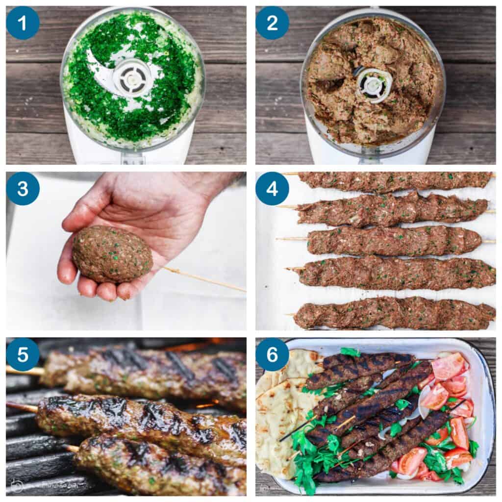 How to make the kofta recipe. Step 1: chop the onions and garlic in a food processor, Step 2: add the beef, lamb, bread and spices to the food processor, Step 3: form the meat mixture into a ball and add to a skewer, Step 4: form the kofta kebabs on the skewers, Step 5: grill the kofta kebabs, Step 6: add the kabobs to a platter with your sides and serve.