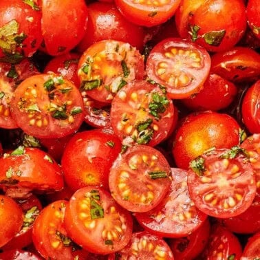 A close up of marinated tomatoes.