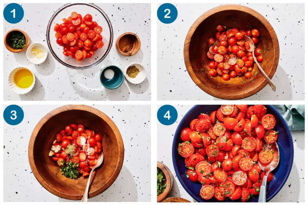 How to make marinated tomatoes. Step 1: gather the ingredients, Step 2: place the tomatoes in a bowl, Step 3: add garlic, herbs, olive oil and vinegar, Step 4: mix and serve.