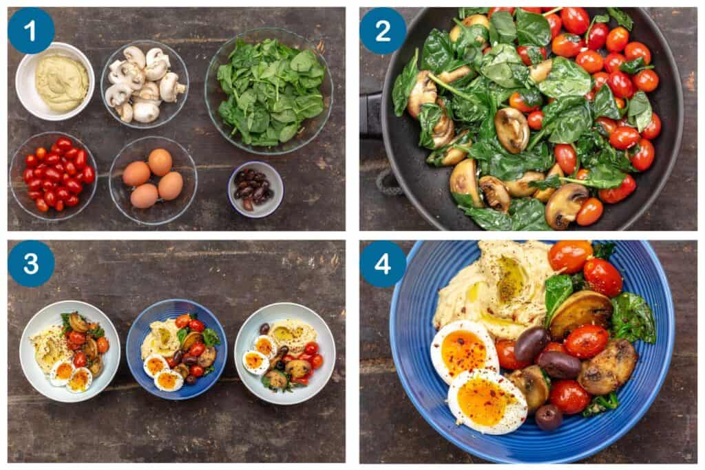 How to make mediterranean breakfast bowls. Step 1: gather your ingredients, Step 2: cooke the vegetables and eggs, Step 3: assemble the bowls, Step 4: serve.
