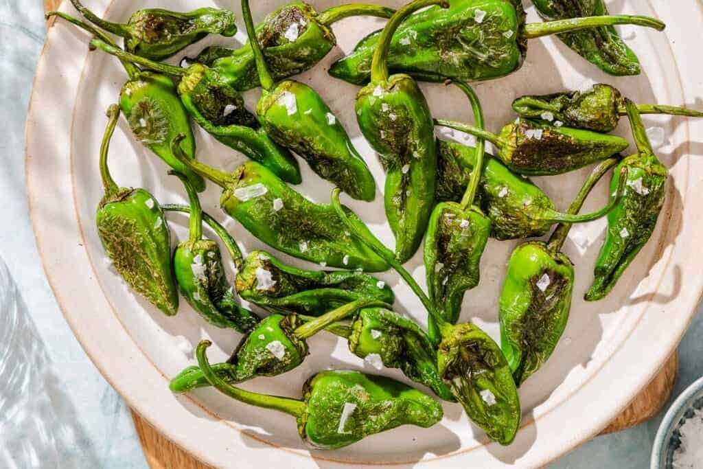 Padron peppers topped with flakey sea salt on a plate.
