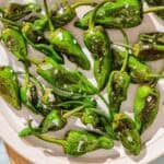 Padron peppers topped with flakey sea salt on a plate.