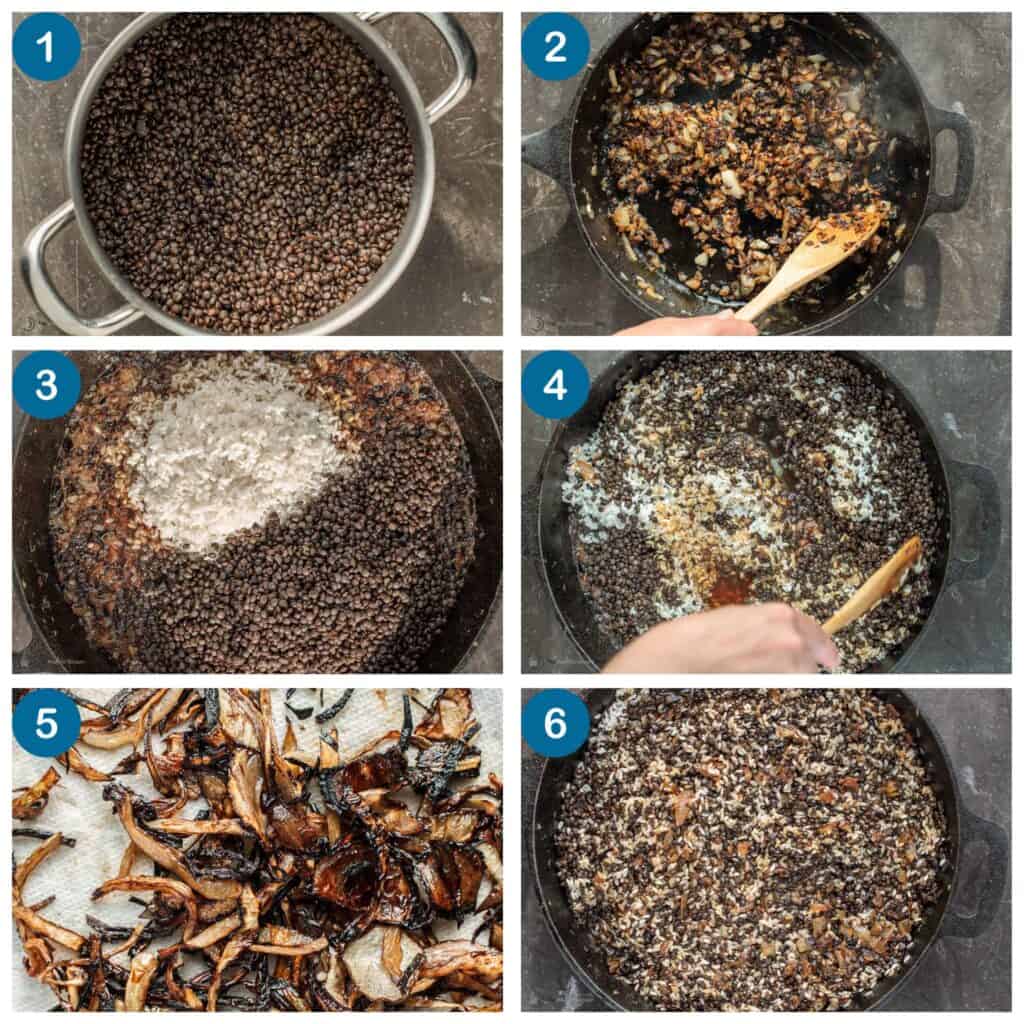 How to make mujadara. Step 1: par-cook the lentils, Step 2: caramelize the chopped onions, Step 3: combine the lentils, onions and rice, Step 4: stir and cook, Step 5: make the fried onions, Step 6: finish and serve.