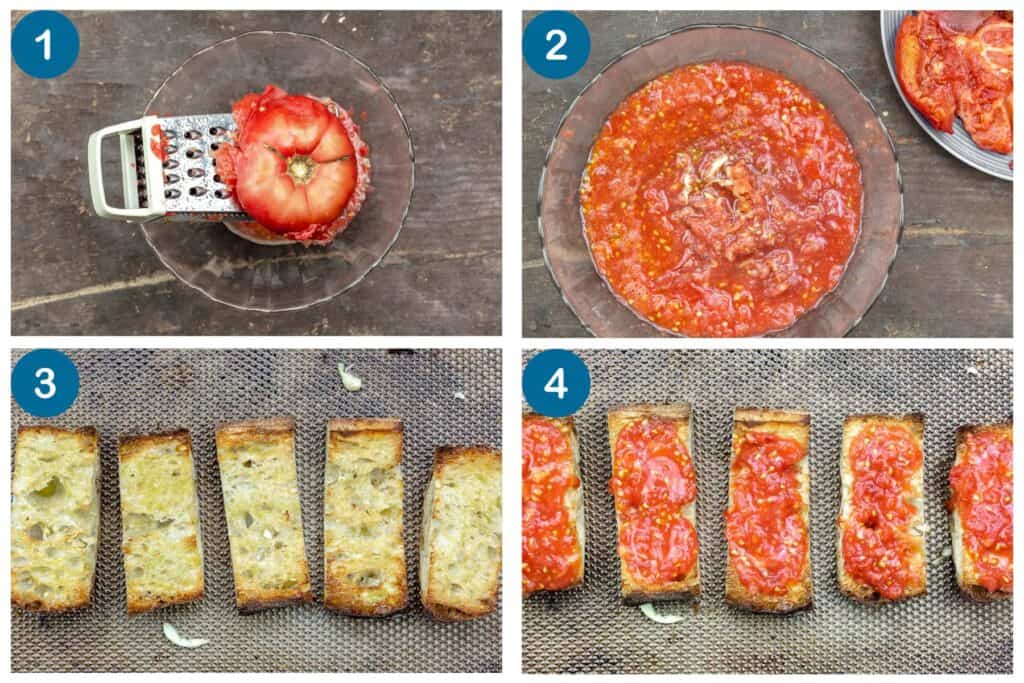 How to make pan con tomate: grate and season the tomatoes, toast the bread, and assemble.
