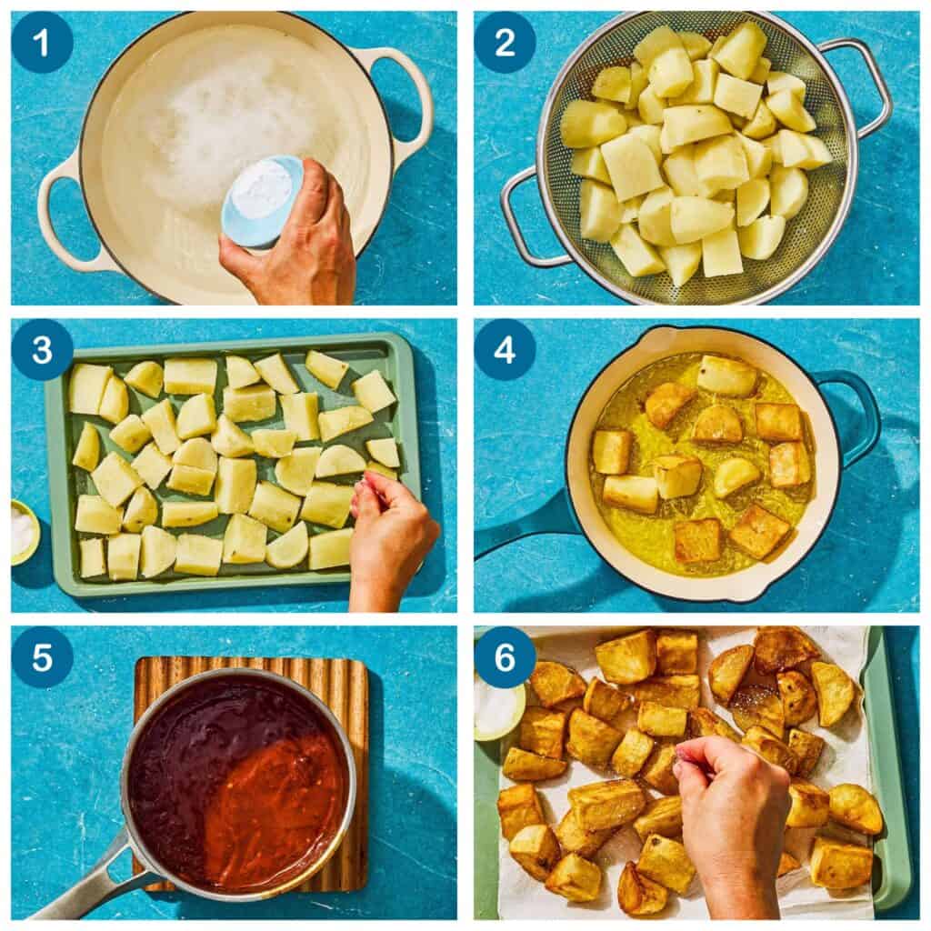 How to make patatas bravas. Step 1: add baking soda to pot of water and boil the potatoes, Step 2: drain the boiled potatoes, Step 3: place the boiled potatoes on a sheet pan and season with salt, Step 4: fry the potatoes, Step 5: make the bravas sauce, Step 6: season the fried potatoes with salt.
