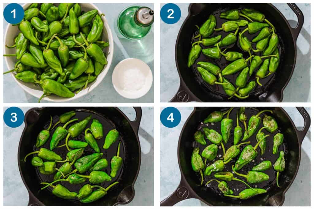 How to make padron peppers. Step 1: gather your ingredients, Step 2: add the olive oil and peppers to a skillet, Step 3: cooke the peppers, Step 4: remove the peppers from heat, top with sea salt and serve.