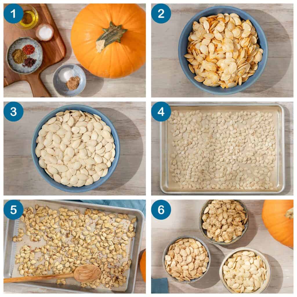 How to roast pumpkin seeds in a pan. Step 1: gather your ingredients, Step 2: remove the pumpkin seeds and place them in a bowl, Step 3: clean the pumpkin seeds, Step 4: transfer the seeds to a sheet pan, Step 5: season and bake the seeds, Step 6: finish and serve.