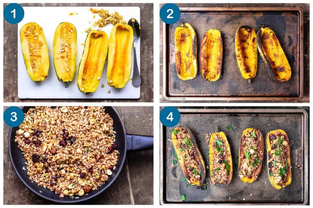 How to make stuffed delicata squash. Step 1: cut the squash and remove the seeds, Step 2: roast the squash, Step 3: prepare filling, Step 4: assemble the squash and serve.