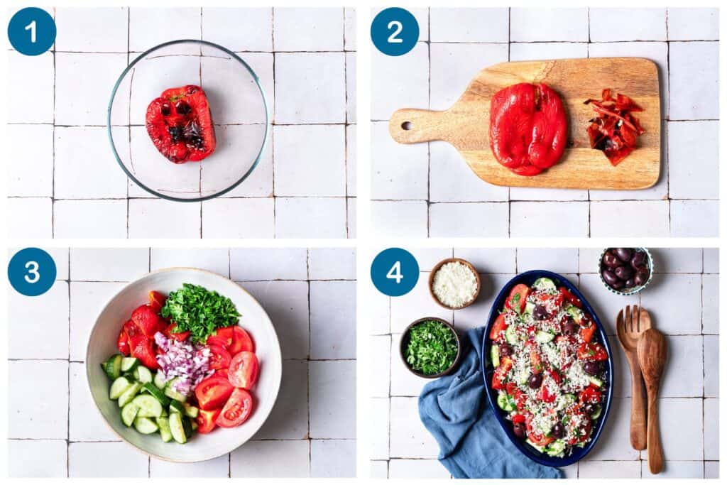 How to make shopska salad. Step 1: roast the red bell pepper, Step 2: chop the roasted pepper, Step 3: add all the ingredients to a mixing bowl, Step 4: mix the salad and serve.