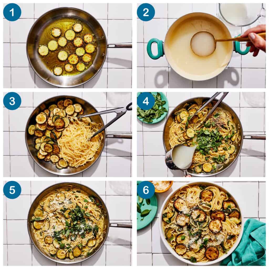 How to make spaghetti alla nerano. Step 1: fry the zucchini, Step 2: cook the spaghetti and reserve some pasta water, Step 3: add the cooked zucchini and spaghetti to a skillet, Step 4: make the sauce, Step 5: add cheese, garlic, salt and pepper to the sauce, Step 6: finish and serve