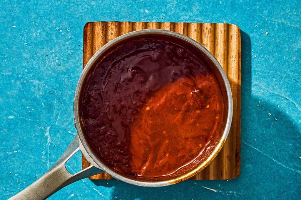 Bravas sauce in a saucepan.